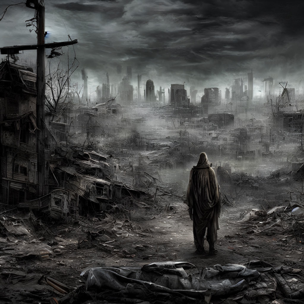 Cloaked figure in post-apocalyptic cityscape with ruins