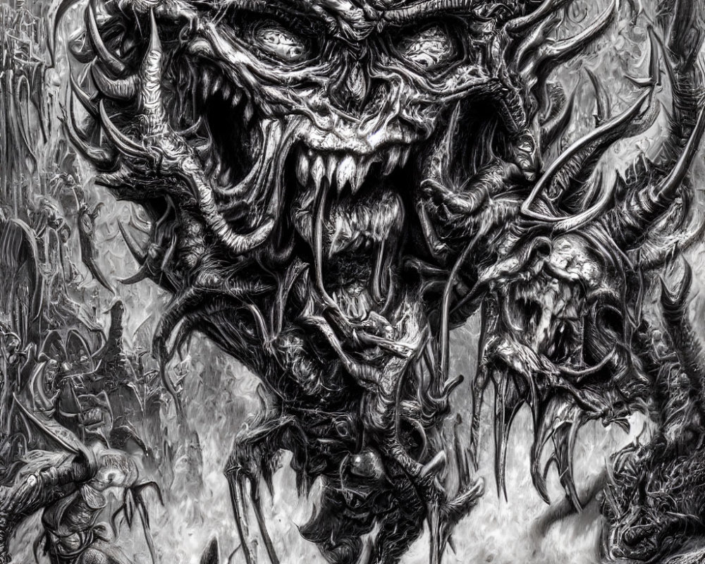 Detailed monochrome fantasy illustration of menacing dragon-like creature in chaotic scene with other monsters