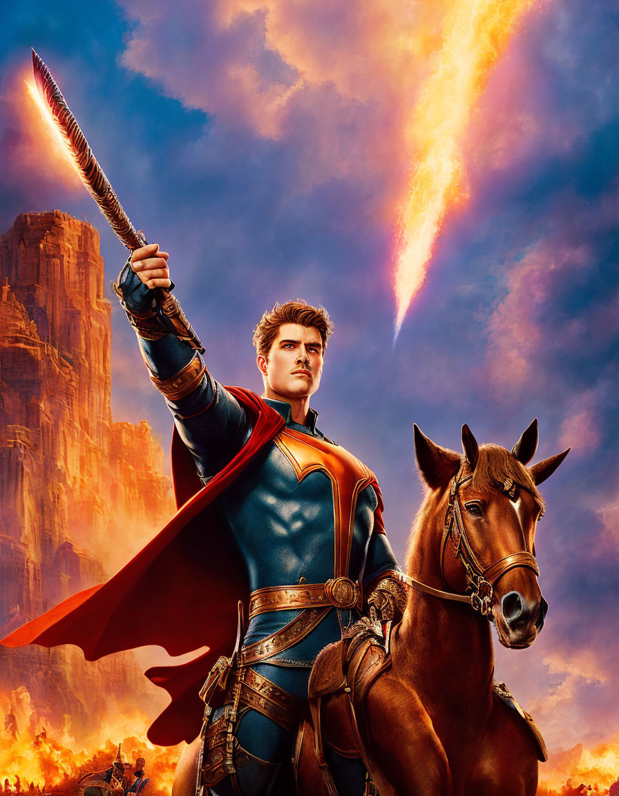 Heroic Figure on Horseback with Spear Against Fiery Sky