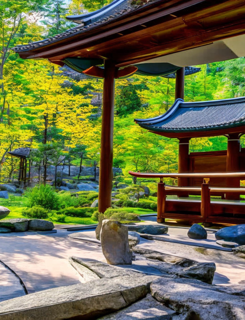 Japanese Garden with Stone Path & Wooden Pavilion