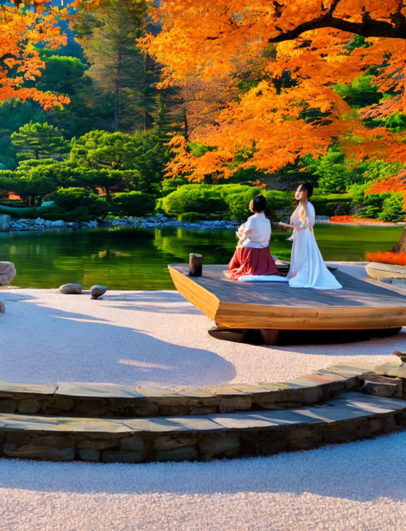 Traditional Attire Couple on Wooden Dock in Autumn Japanese Garden