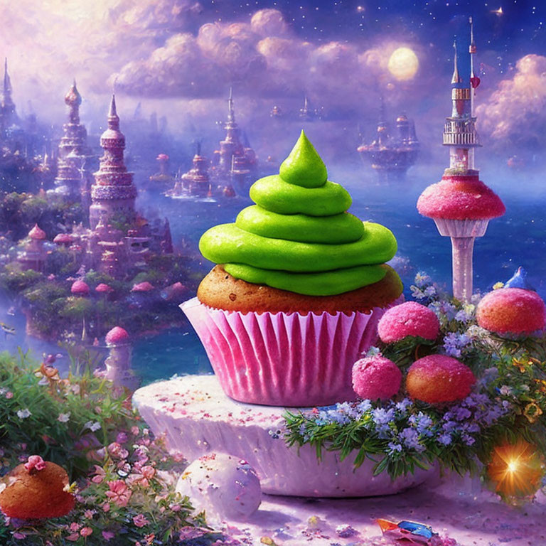 Whimsical cupcake with green frosting in fantastical landscape