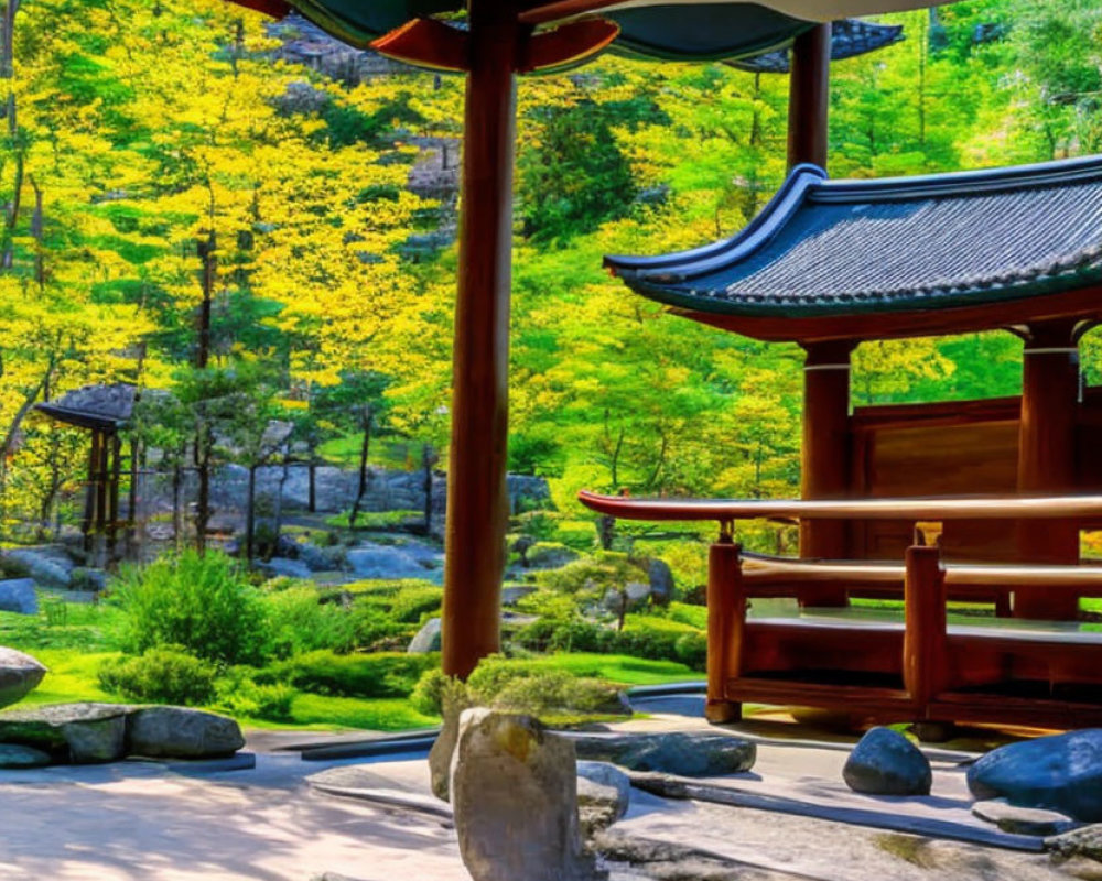 Japanese Garden with Stone Path & Wooden Pavilion