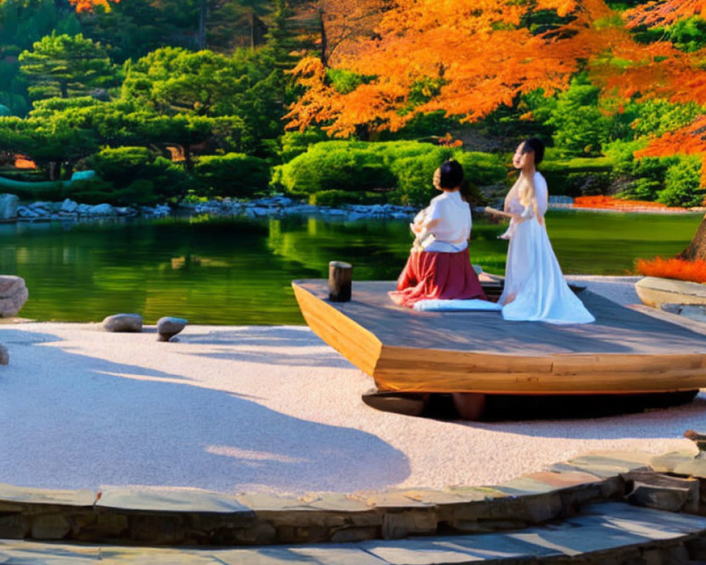 Traditional Attire Couple on Wooden Dock in Autumn Japanese Garden