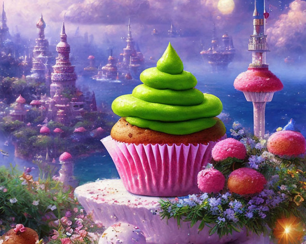 Whimsical cupcake with green frosting in fantastical landscape