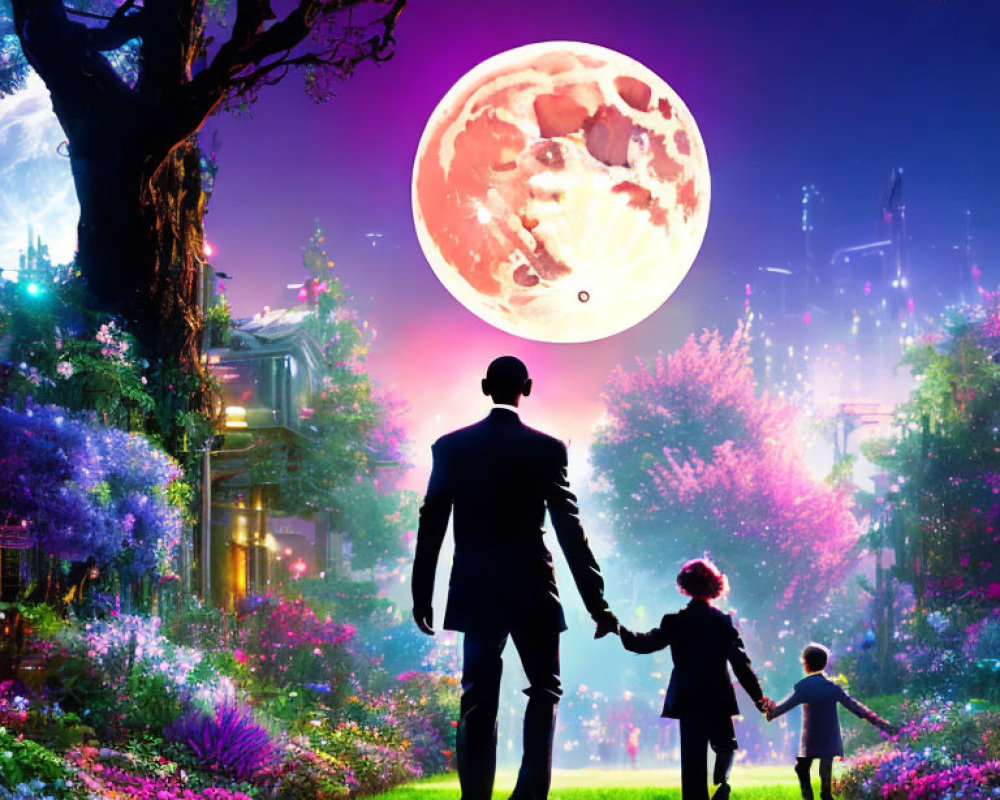 Silhouette of adult and child walking towards vibrant fantasy landscape under pink moon