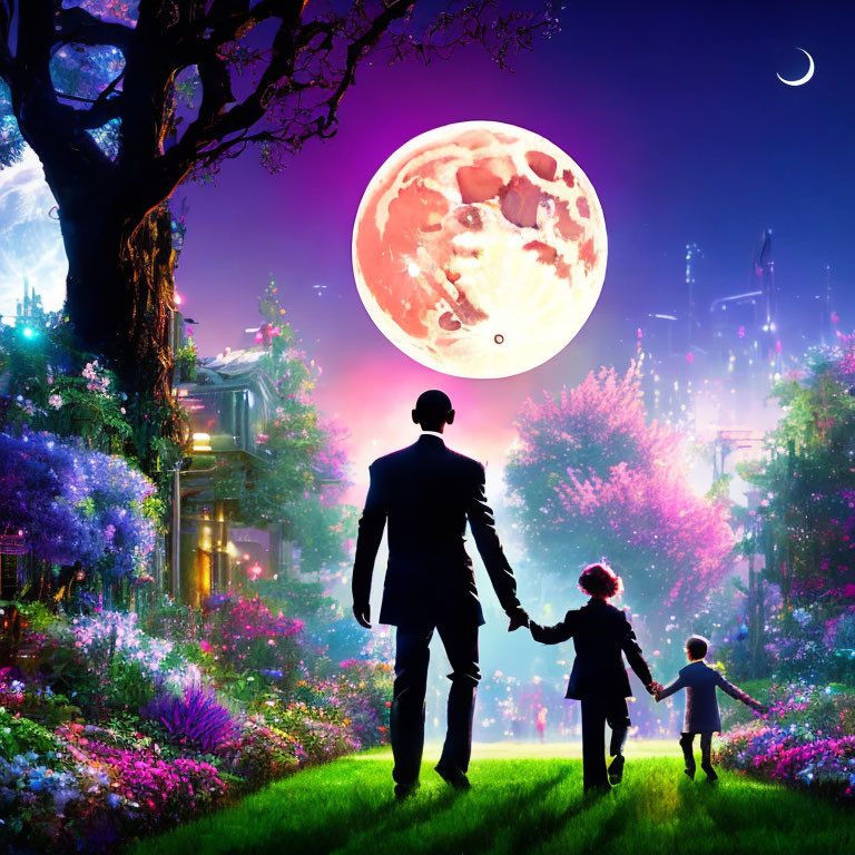 Silhouette of adult and child walking towards vibrant fantasy landscape under pink moon