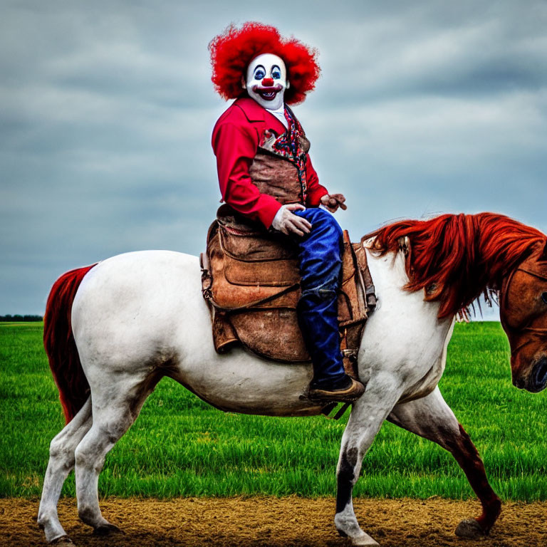 Clown in red wig and white face paint rides horse in field