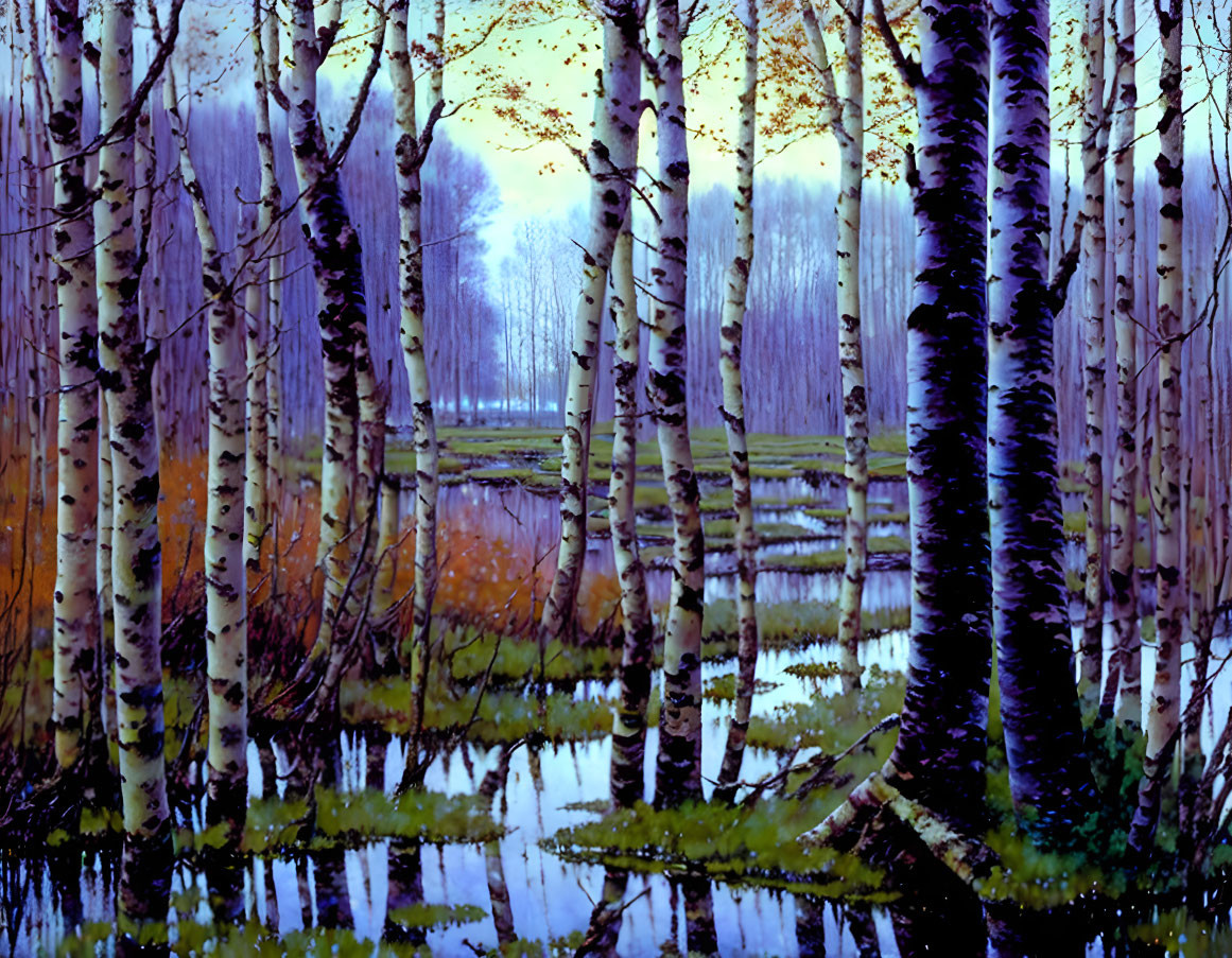 Tranquil birch forest with reflective water surface & autumnal colors