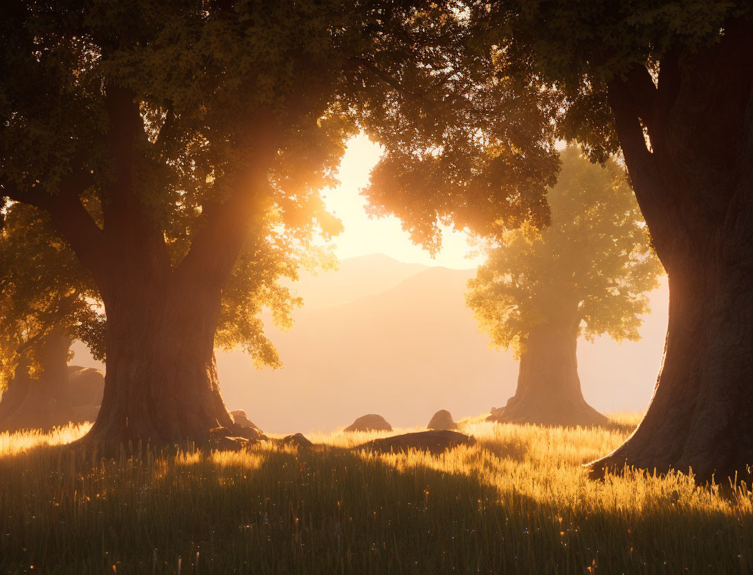 Sunlit Meadow Surrounded by Trees and Mountains