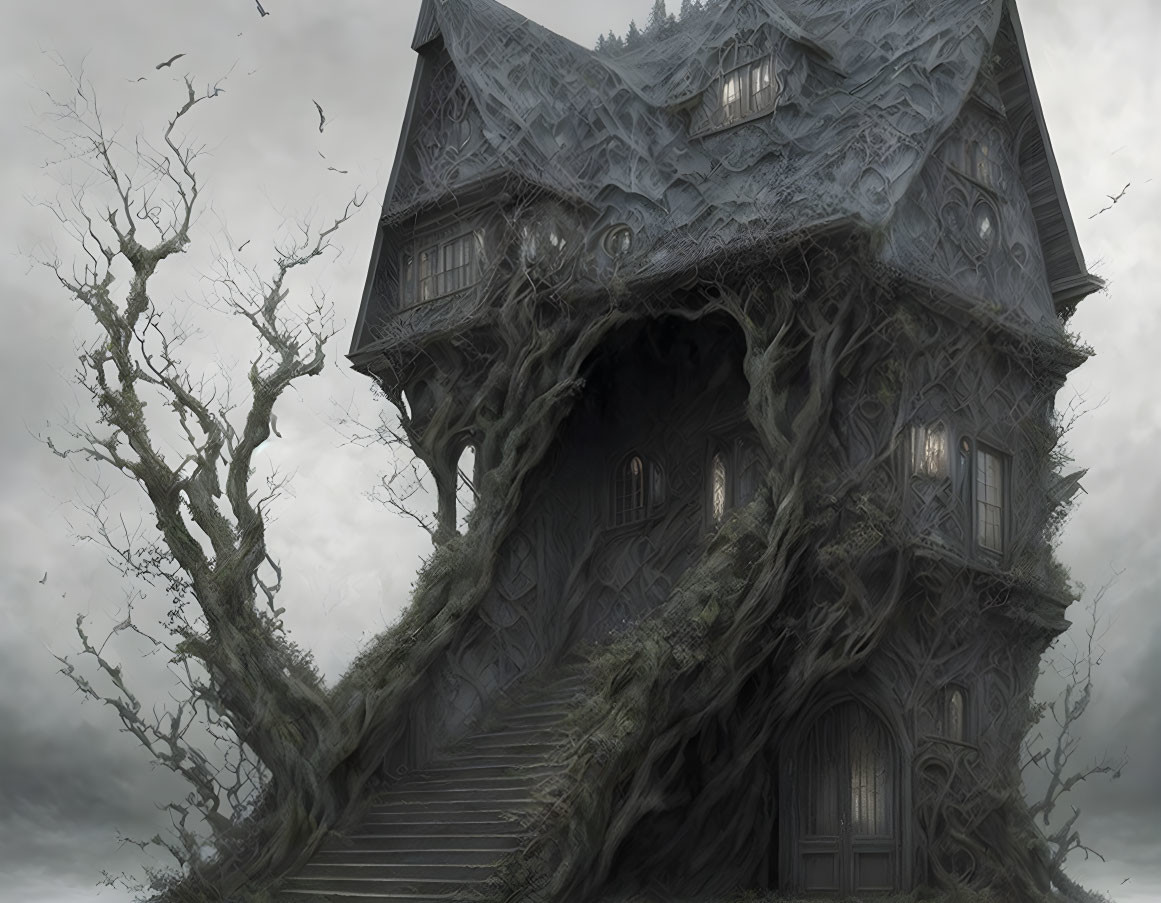 Spooky dilapidated house with twisting vines under gloomy sky