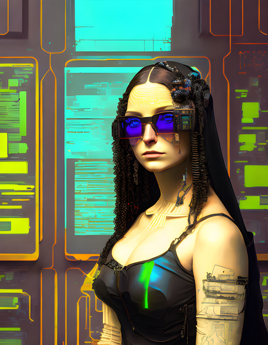 Futuristic woman with cybernetic enhancements and sunglasses in neon-lit setting