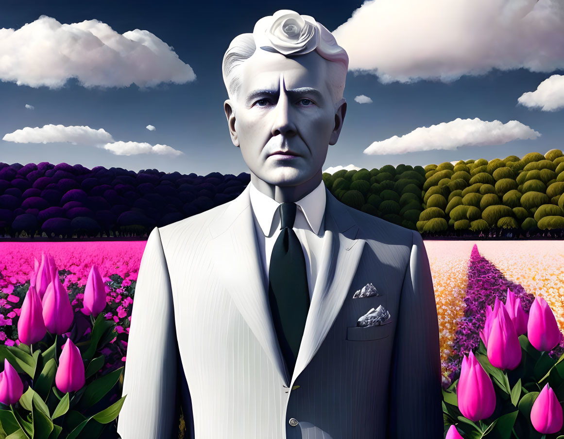 Colorful 3D man with rose head in suit among tulip fields