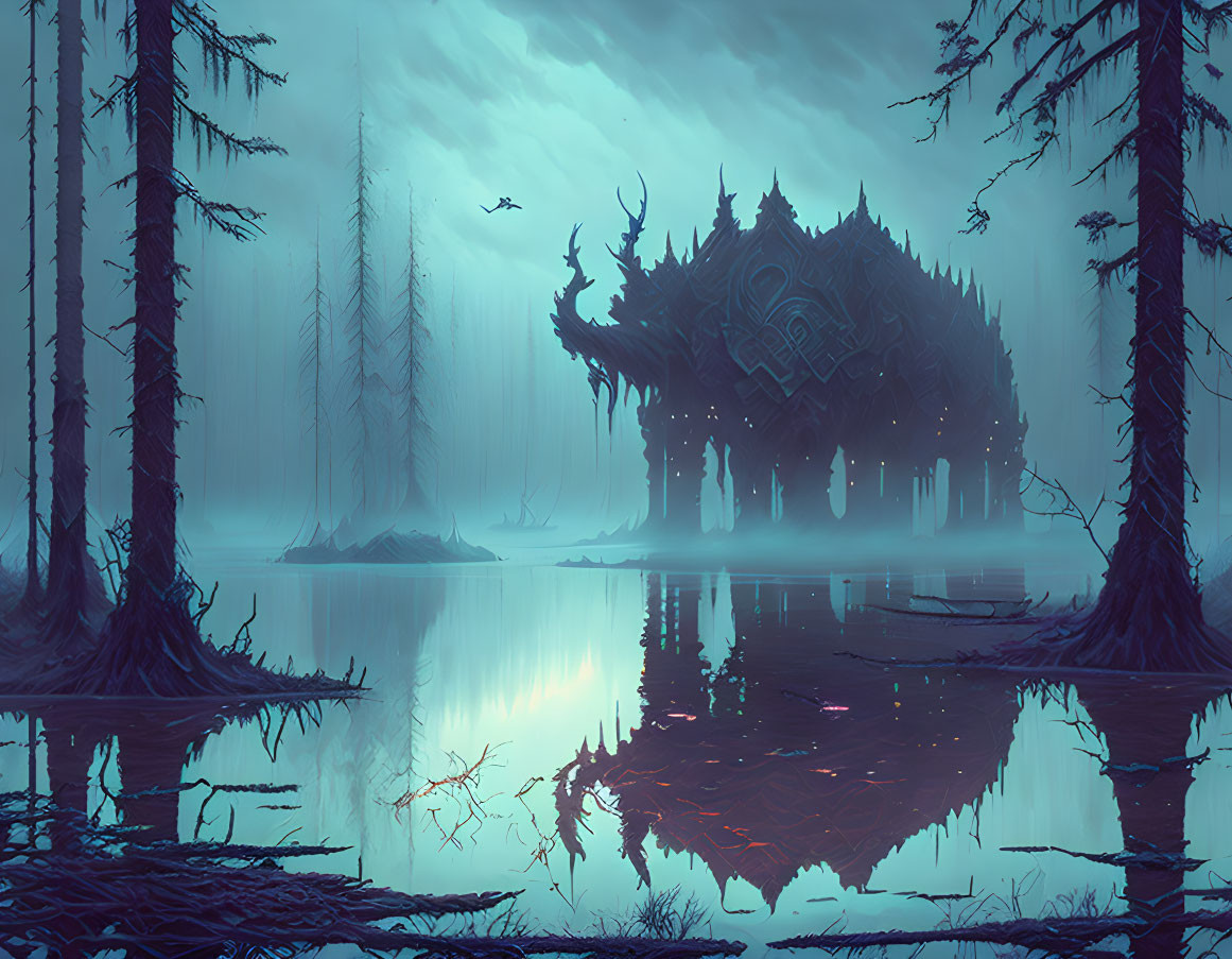 Mystical floating island with dark structure in foggy twilight woods