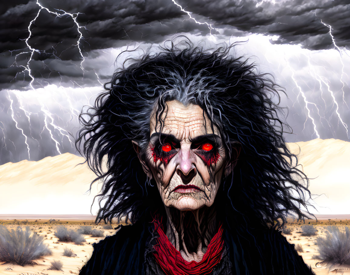 Sinister figure with red eyes in stormy landscape