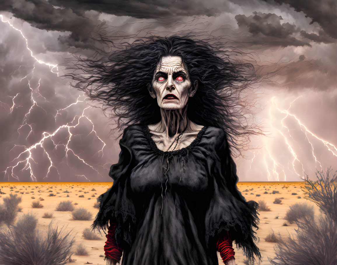 Pale-skinned figure with red eyes in black garb against stormy sky