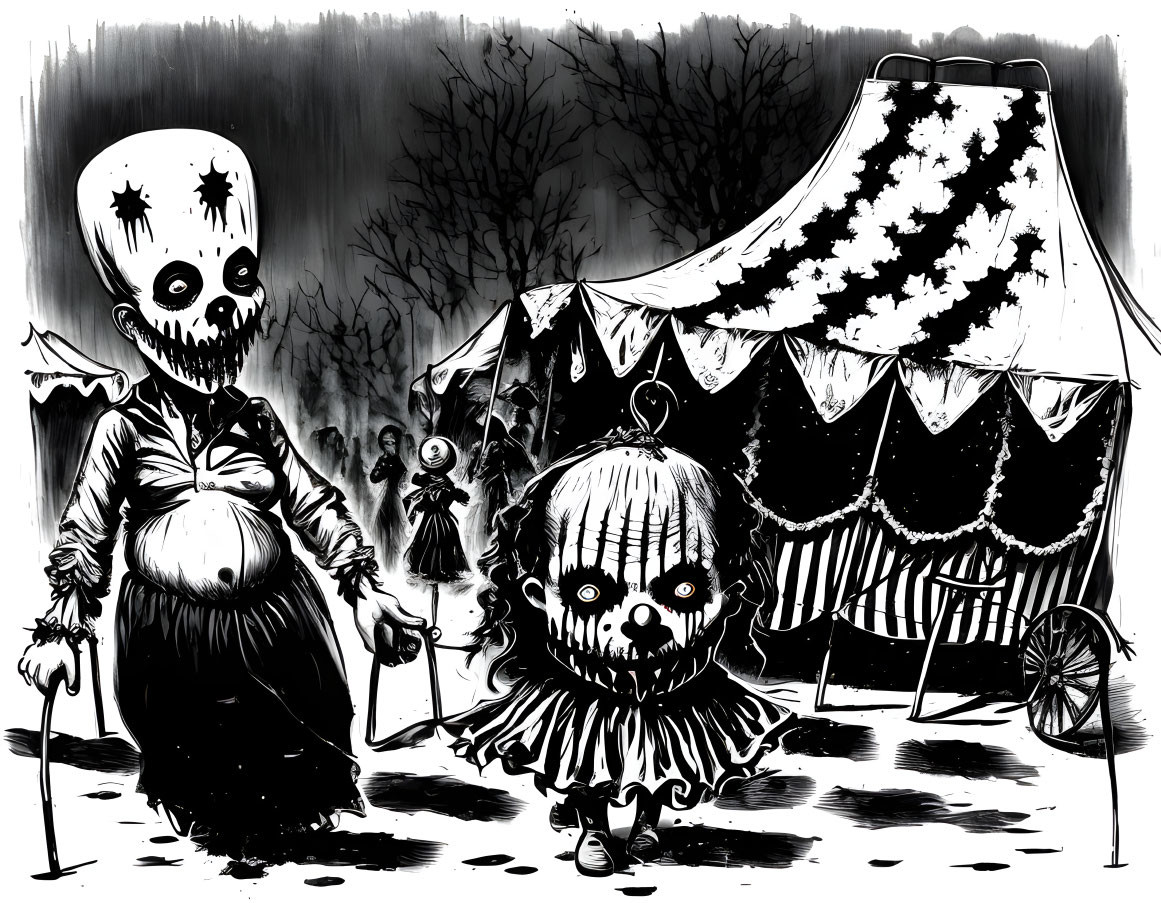 Monochrome illustration of sinister circus with skeletal characters