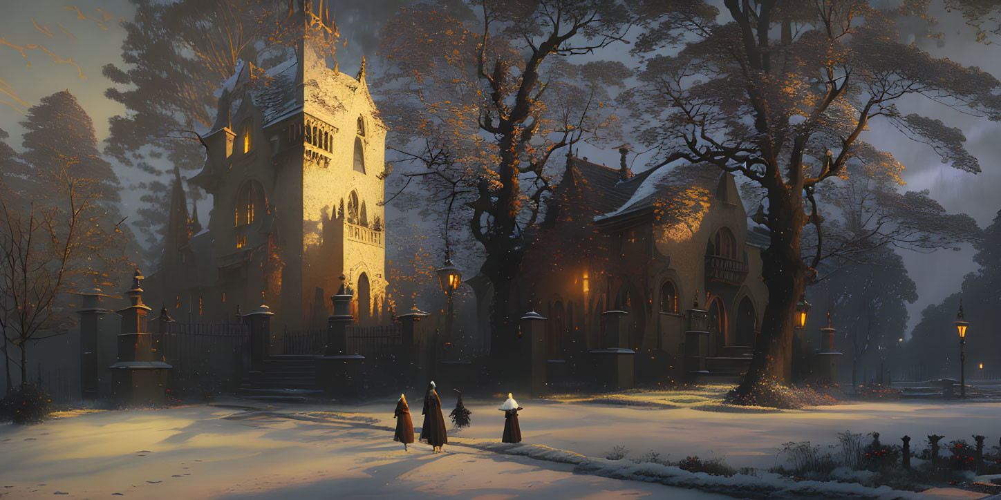 Snow-covered church with figures walking in foreground at dusk