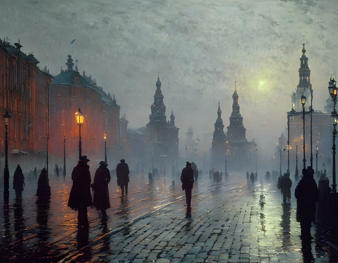 People walking on wet cobblestone street at dusk with baroque buildings and glowing street lights