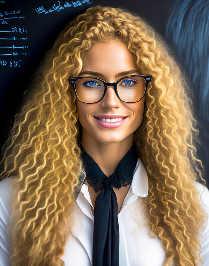 Blonde woman with glasses and math formulas board