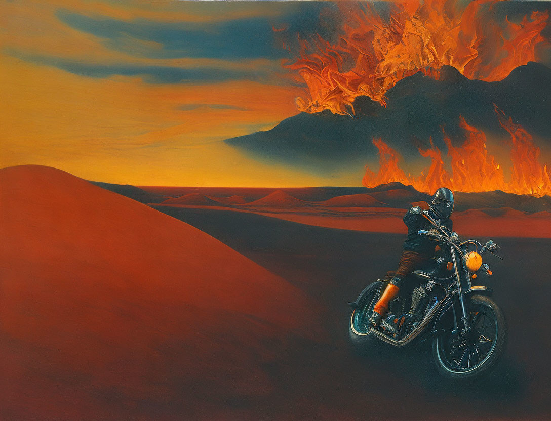 Classic Motorcycle Rider Speeding through Desert Dunes under Fiery Sky