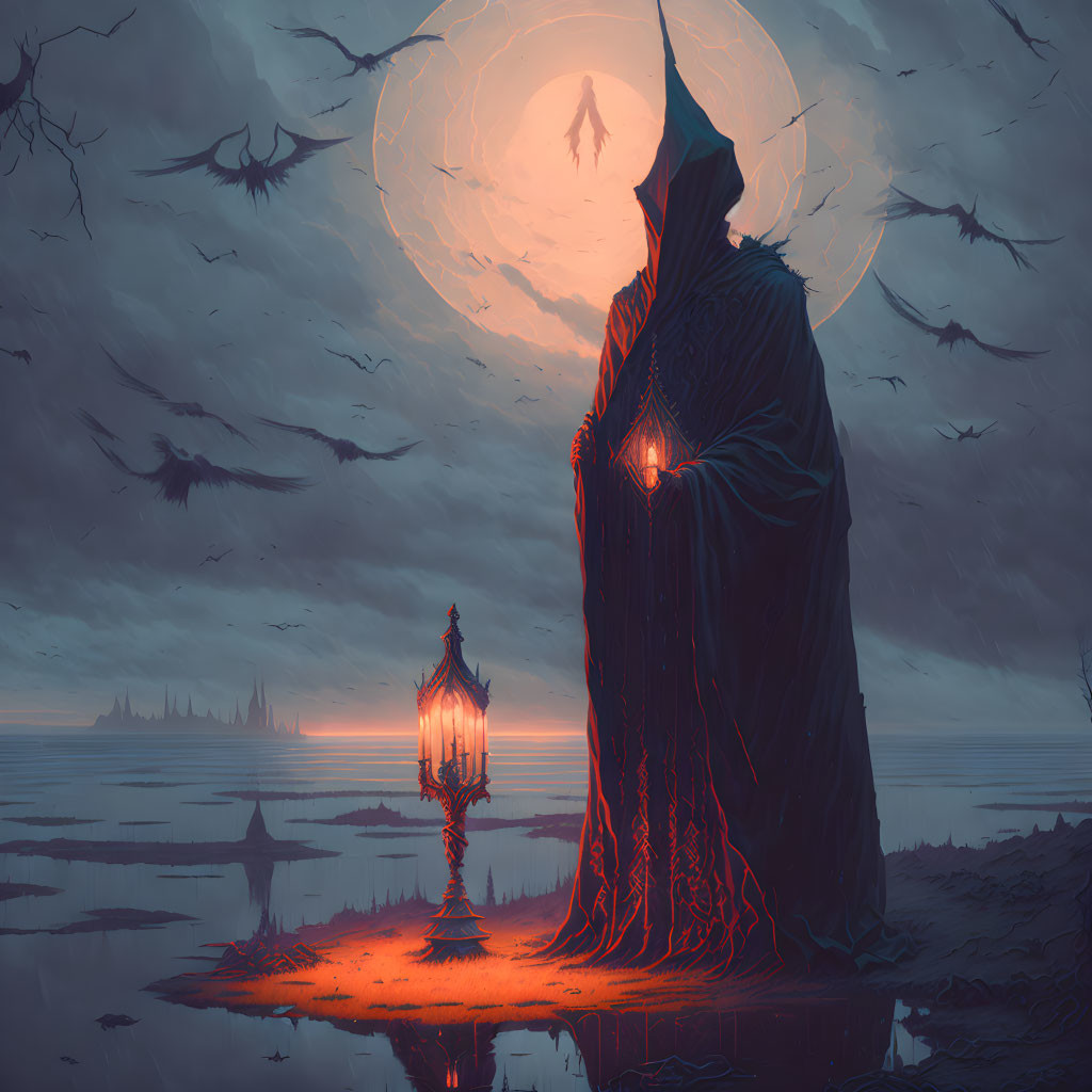 Cloaked Figure by Lantern in Dystopian Landscape with Dragons