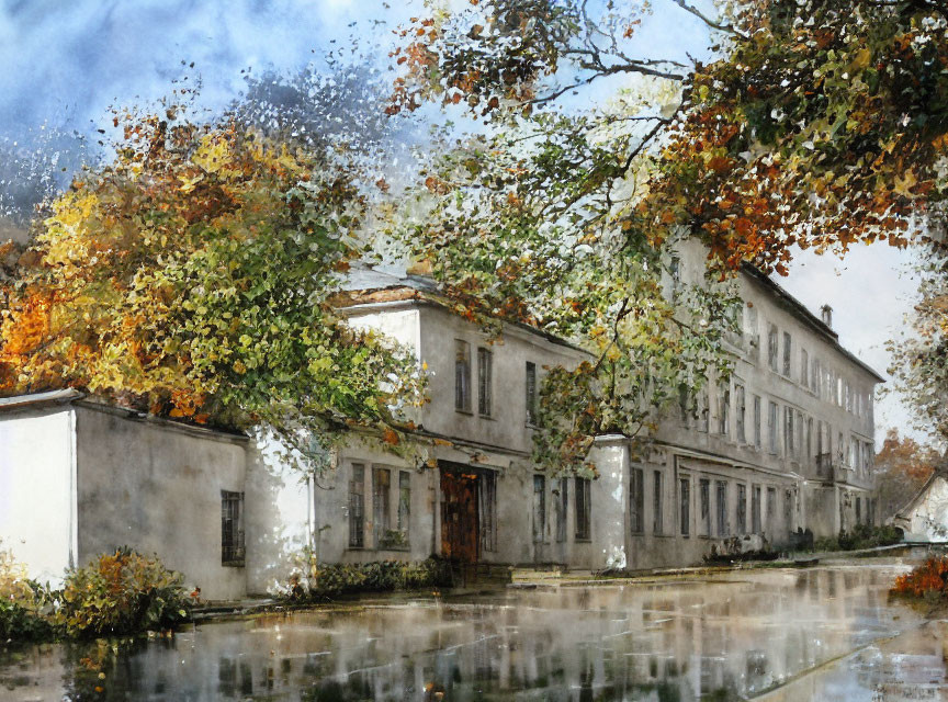 Impressionistic painting of old building and autumn trees on wet street