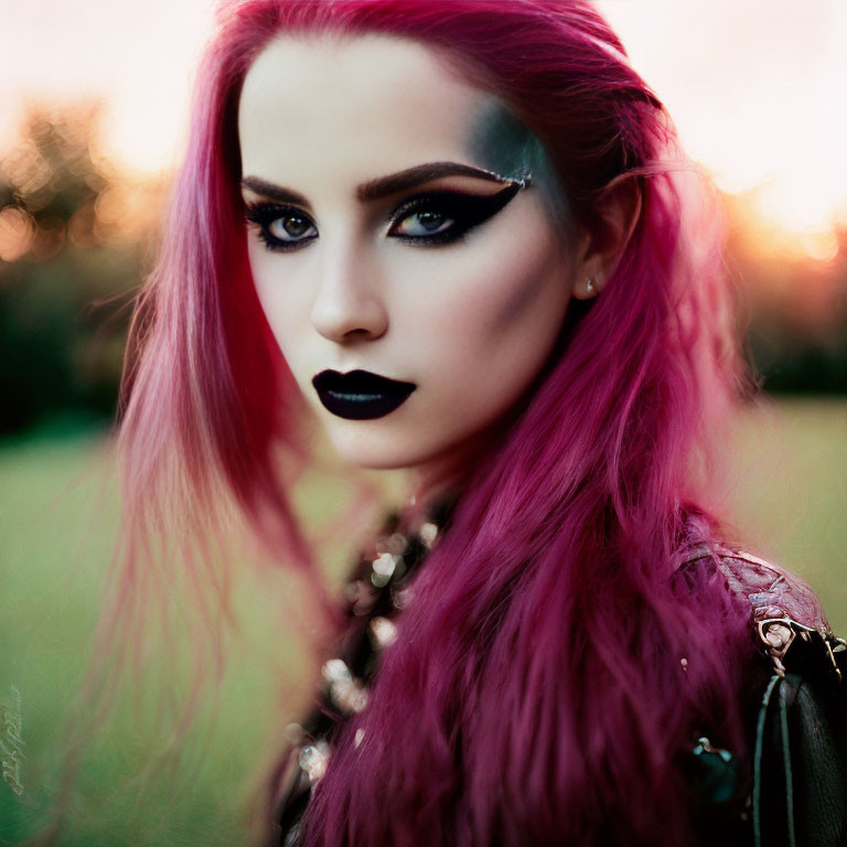 Portrait of a person with vibrant pink hair and bold makeup against sunset background