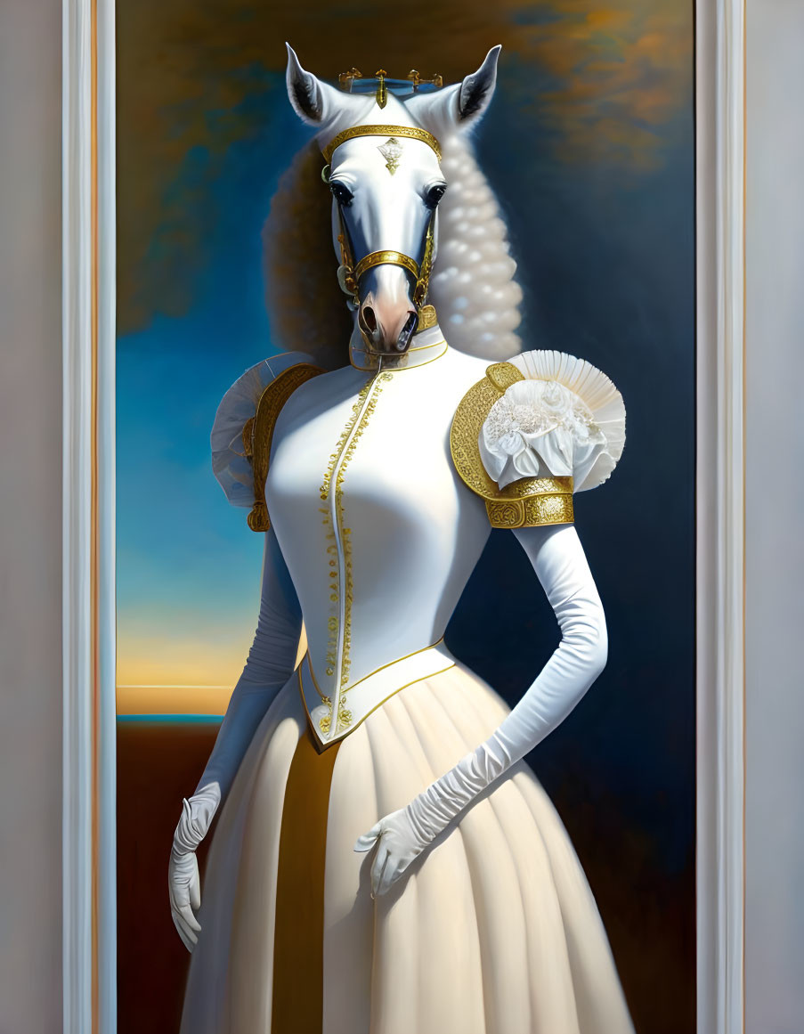 Elegant anthropomorphic horse in white and gold attire at dusk