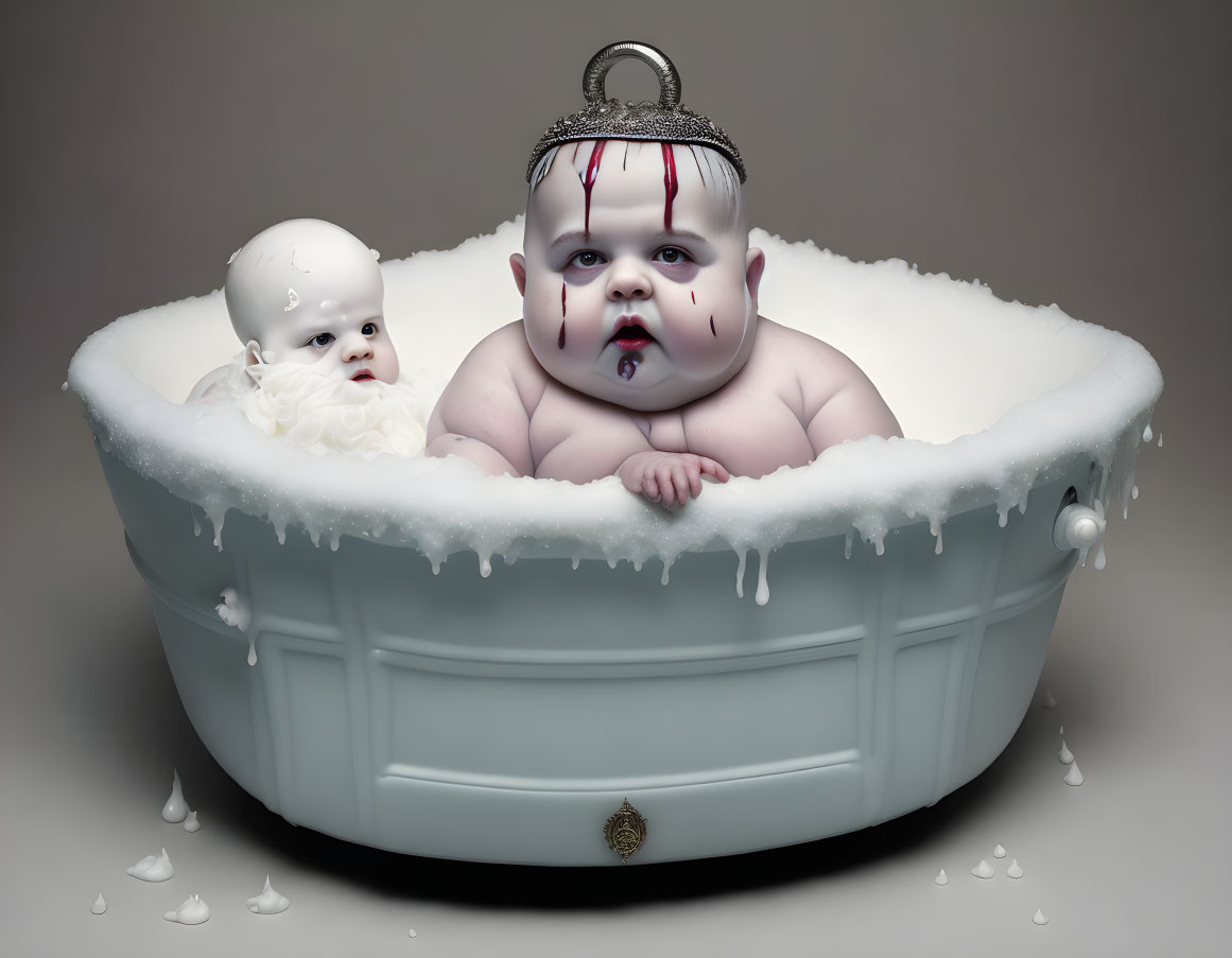 Exaggerated features on two babies in overflowing bathtub