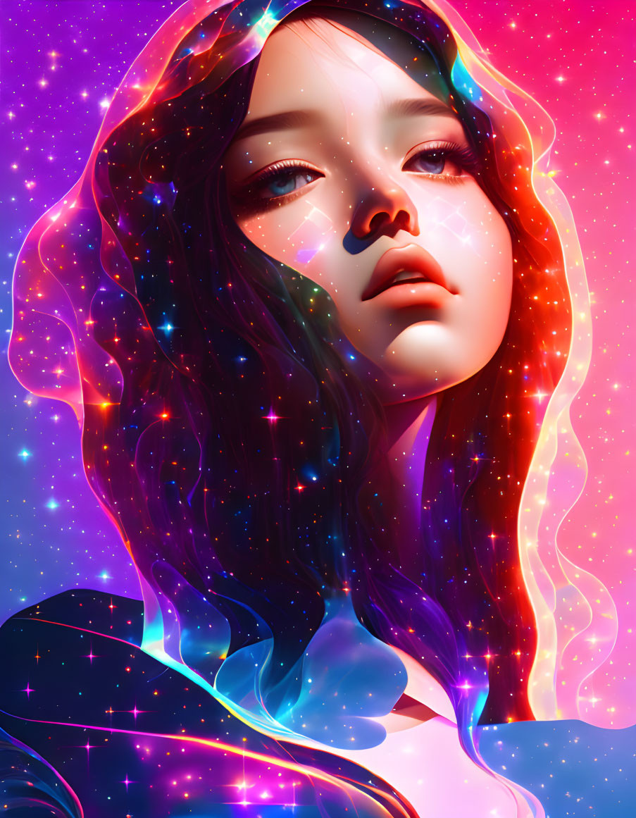 Colorful digital artwork of a cosmic-themed woman with vibrant stars and nebulae effects in her hair