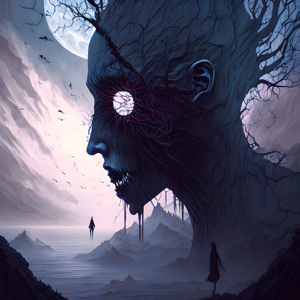 Surreal landscape with giant face on cliff, exposed brains, moonlit sky, and silhou