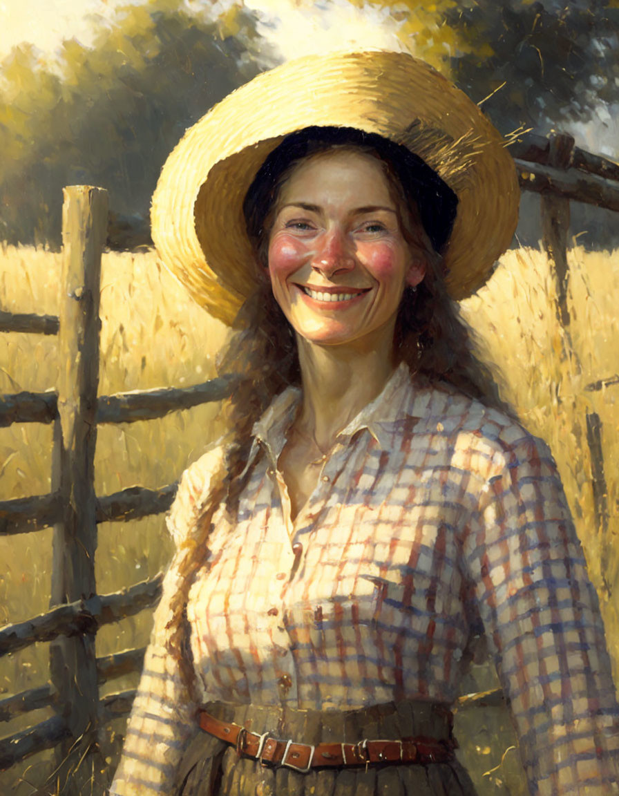 Smiling woman in straw hat in golden wheat field