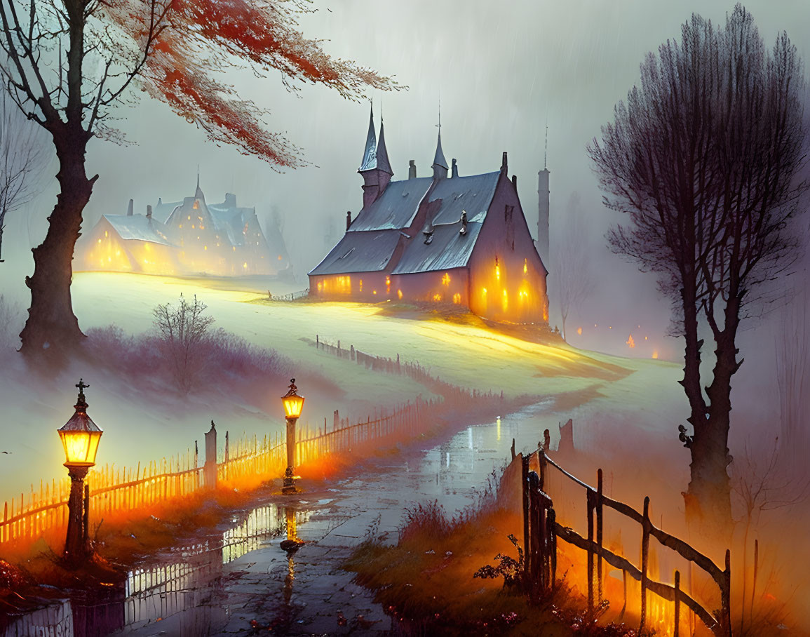 Mystical autumn church scene with lanterns, cobblestone path, and foggy trees