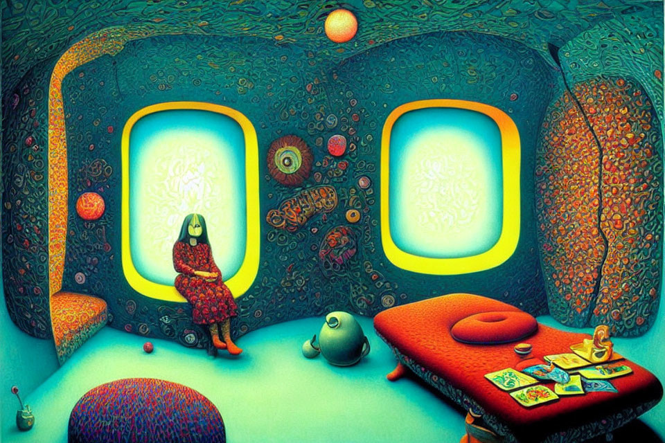 Vibrant surreal room with person in patterned dress and glowing screen