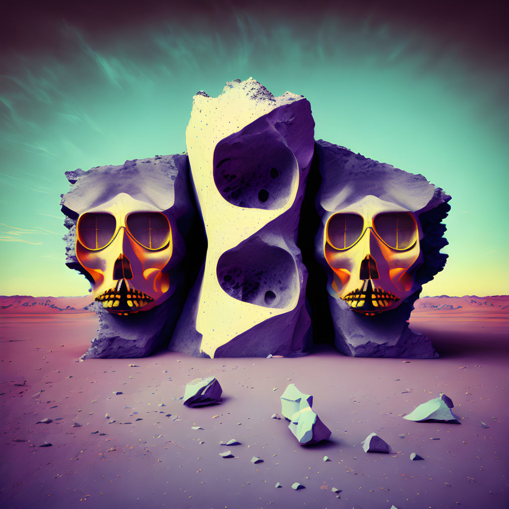 Stylized skull rocks with sunglasses in surreal desert landscape