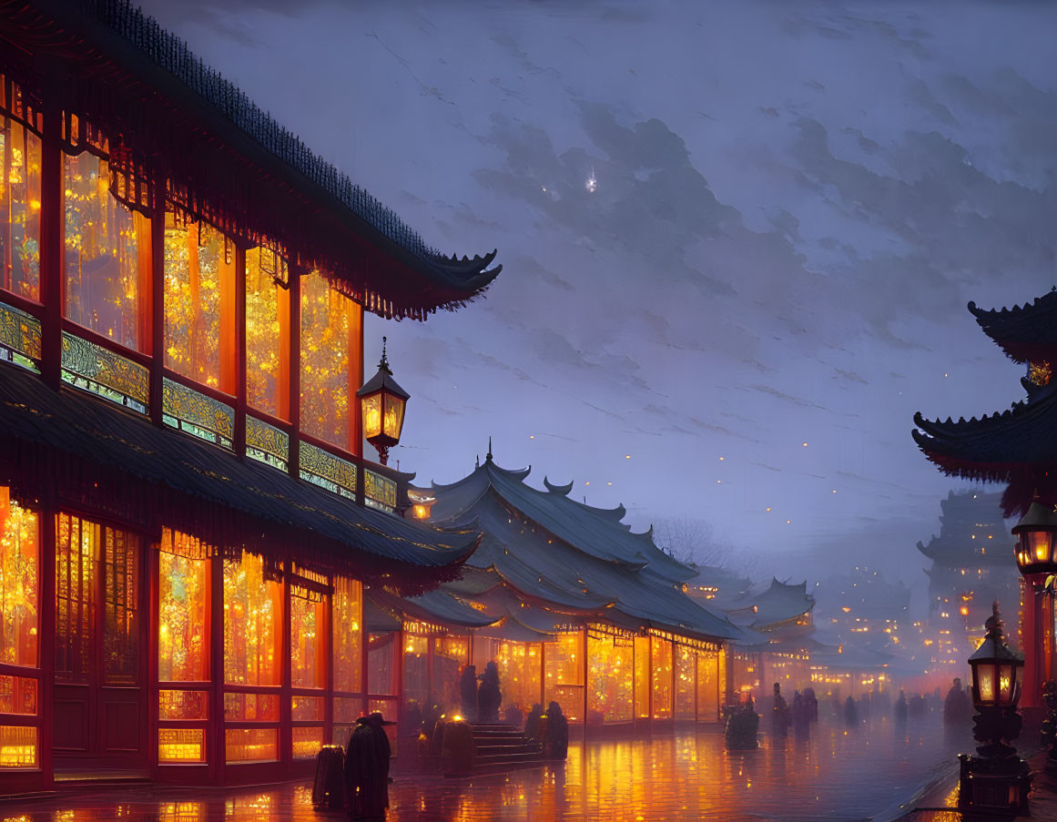 Asian architecture with illuminated windows, people walking, and mist at dusk