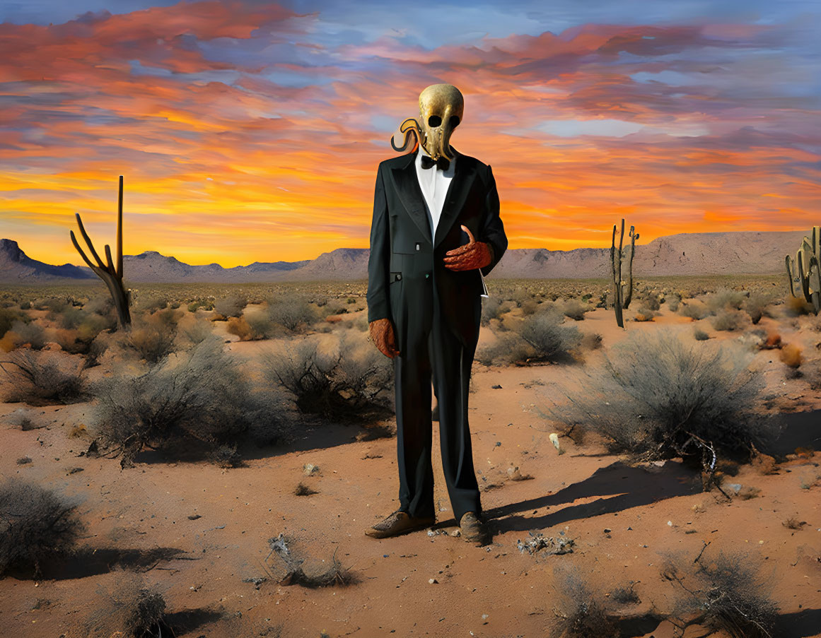 Person in suit with Venetian mask and vintage clock in surreal desert setting