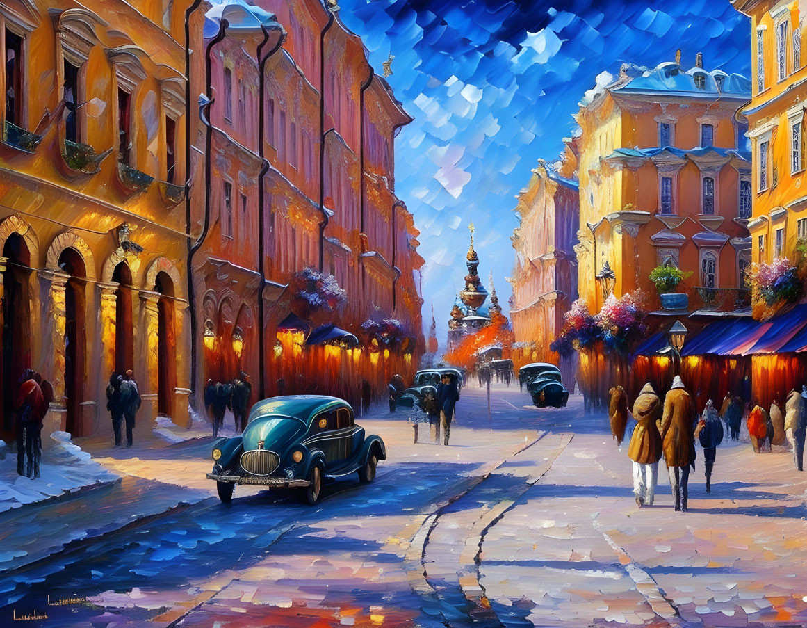 Colorful Impressionist Painting of Bustling Street Scene