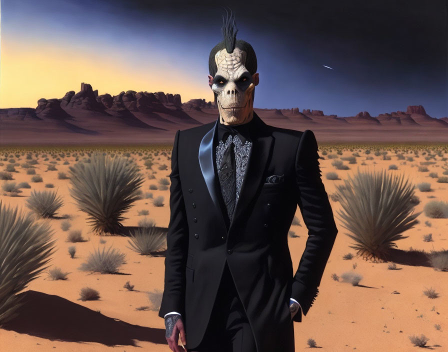 Person in Black Suit with Skull Mask in Desert Landscape