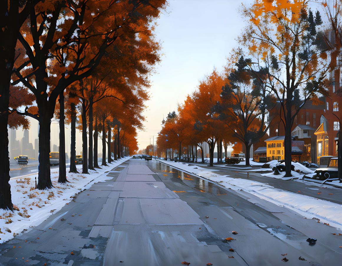 Autumnal orange trees on wet urban street with buildings and school bus.