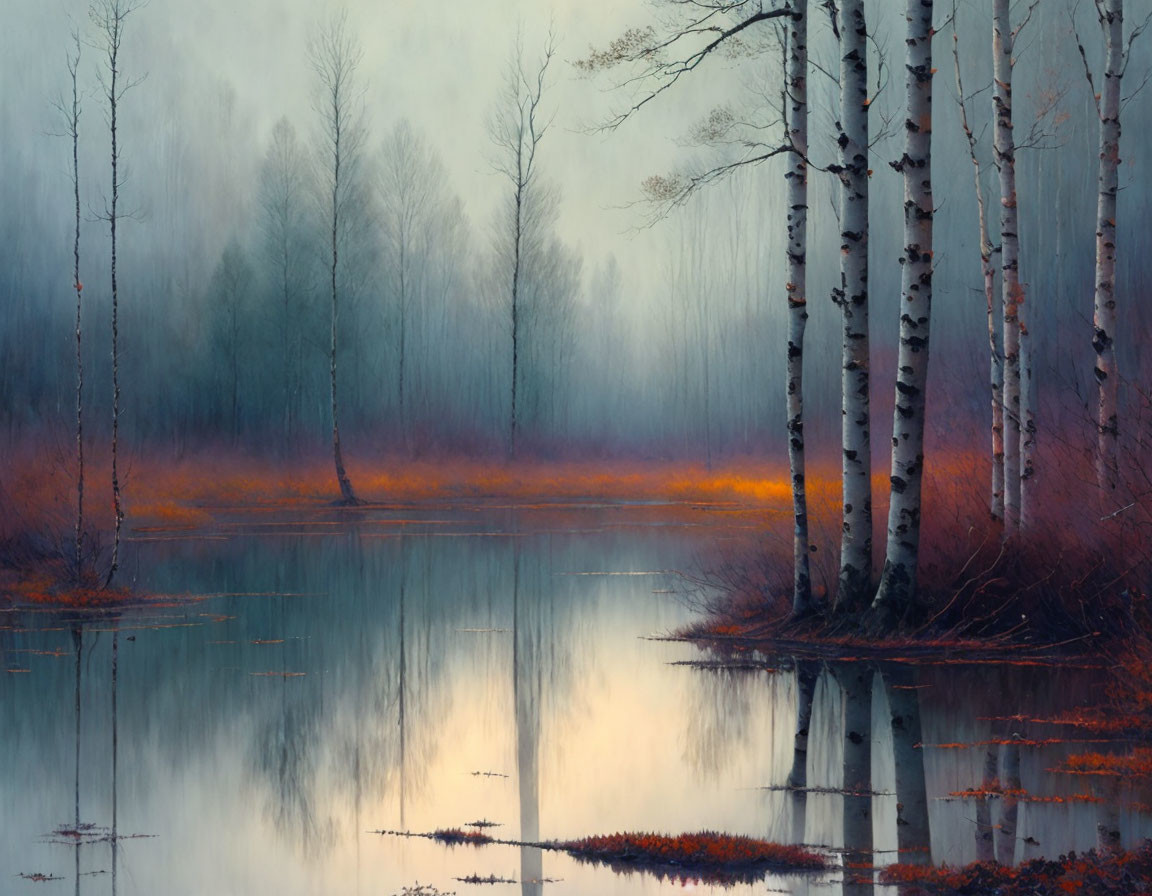 Tranquil lakescape with birch trees reflected in misty twilight