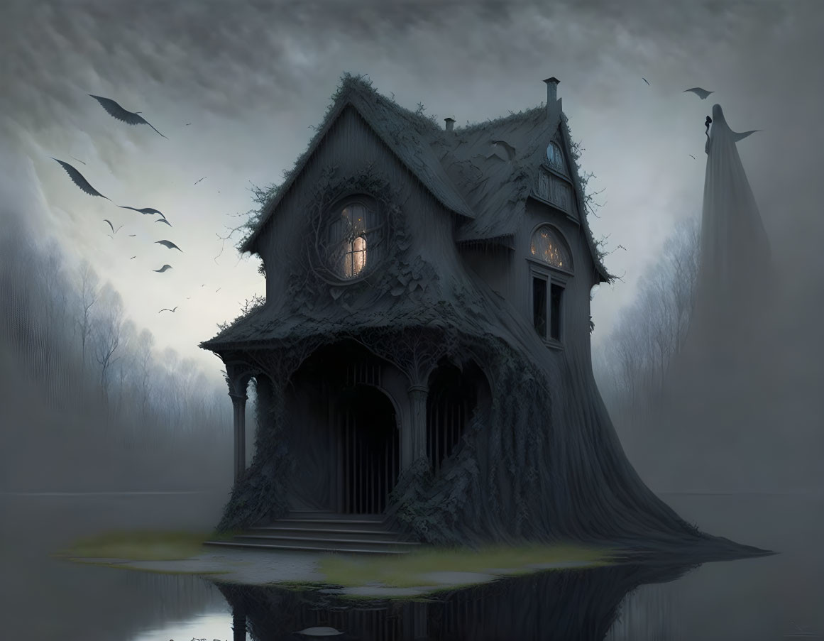 Eerie abandoned house with glowing window, mist, water reflection, bleak trees, and flying birds