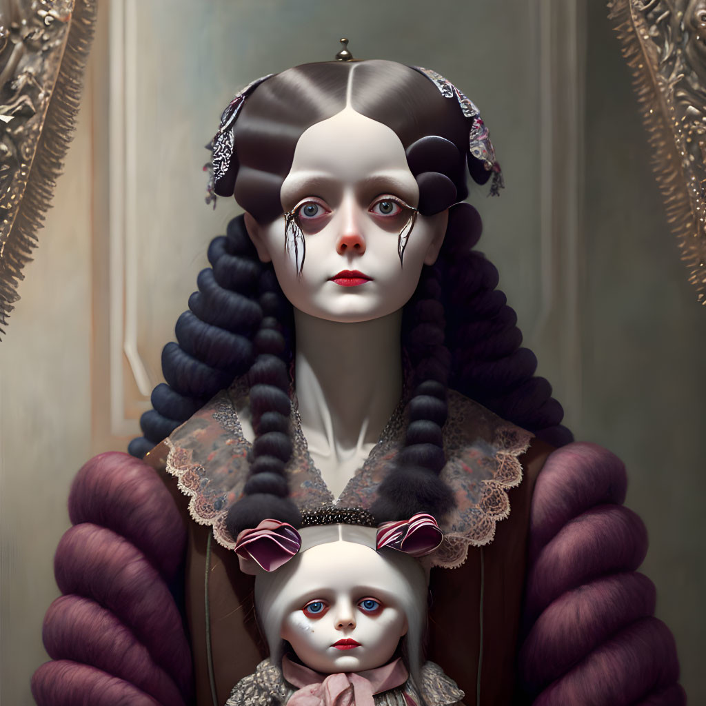 Surreal portrait of woman and doll with ornate hairstyles and vintage attire