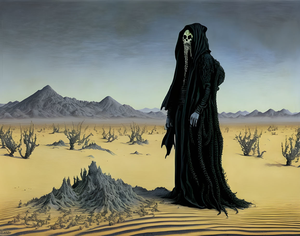 Cloaked Grim Reaper-like figure in desert with mountains and sparse vegetation