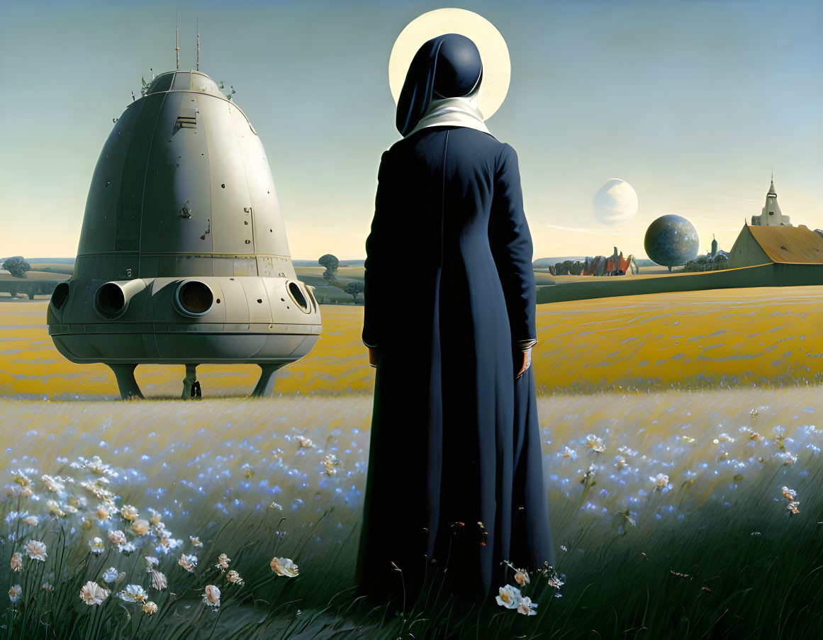 Nun and spacecraft in flower field with rural setting