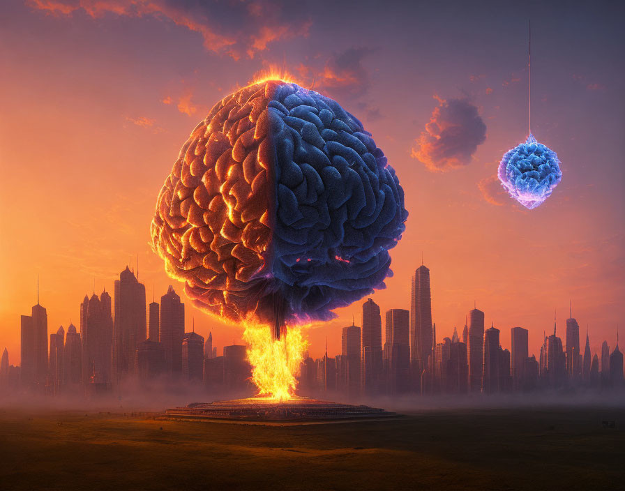 Giant brain with fiery stem over city skyline at sunset