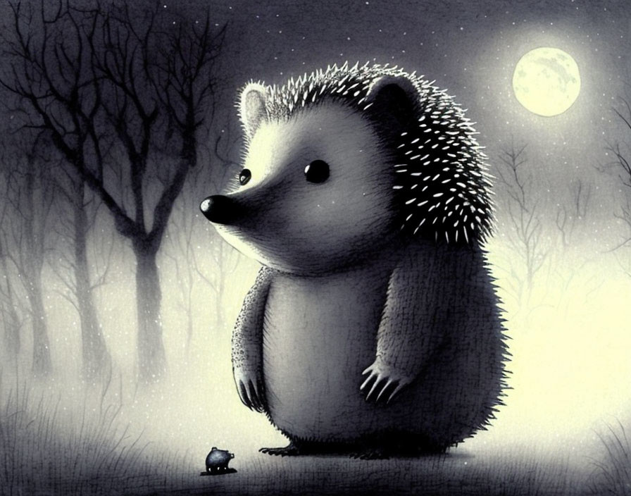 Anthropomorphic hedgehog and mouse in moonlit forest