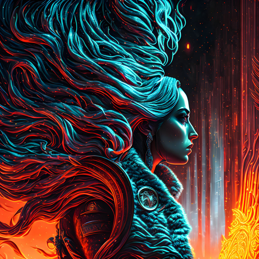 Profile of woman with flowing blue hair in front of fiery red backdrop