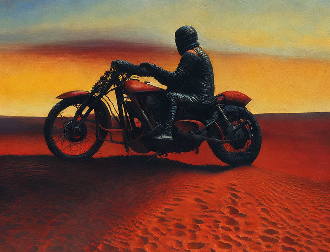 Motorcycle rider in full gear against red-orange desert landscape